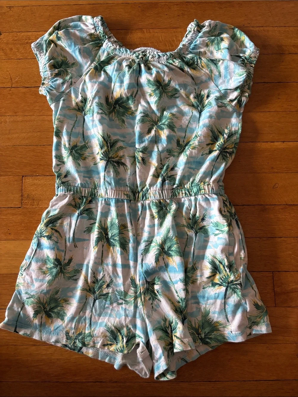Girls Light Blue Palm-Print Romper